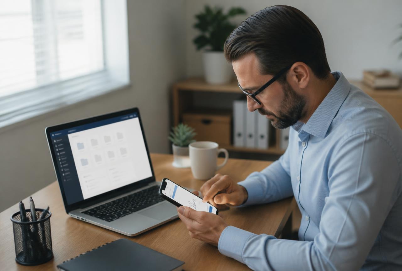 Empresário assinando um contrato digitalmente pelo celular, com notebook ao lado exibindo painel de gestão de documentos