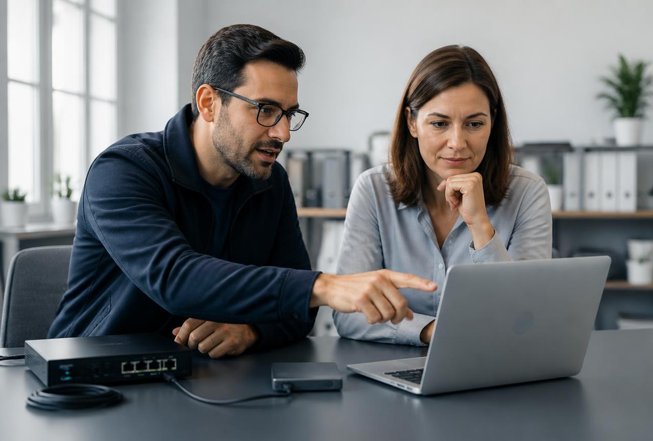 Consultor de tecnologia e empresária verificando o status do backup em nuvem em um laptop, com disco externo e equipamento de rede sobre a mesa