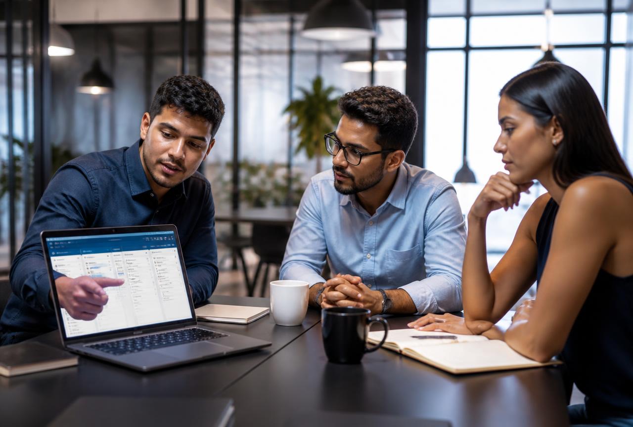 Equipe comercial de três pessoas analisando um funil de vendas em um CRM na tela de um notebook em coworking iluminado
