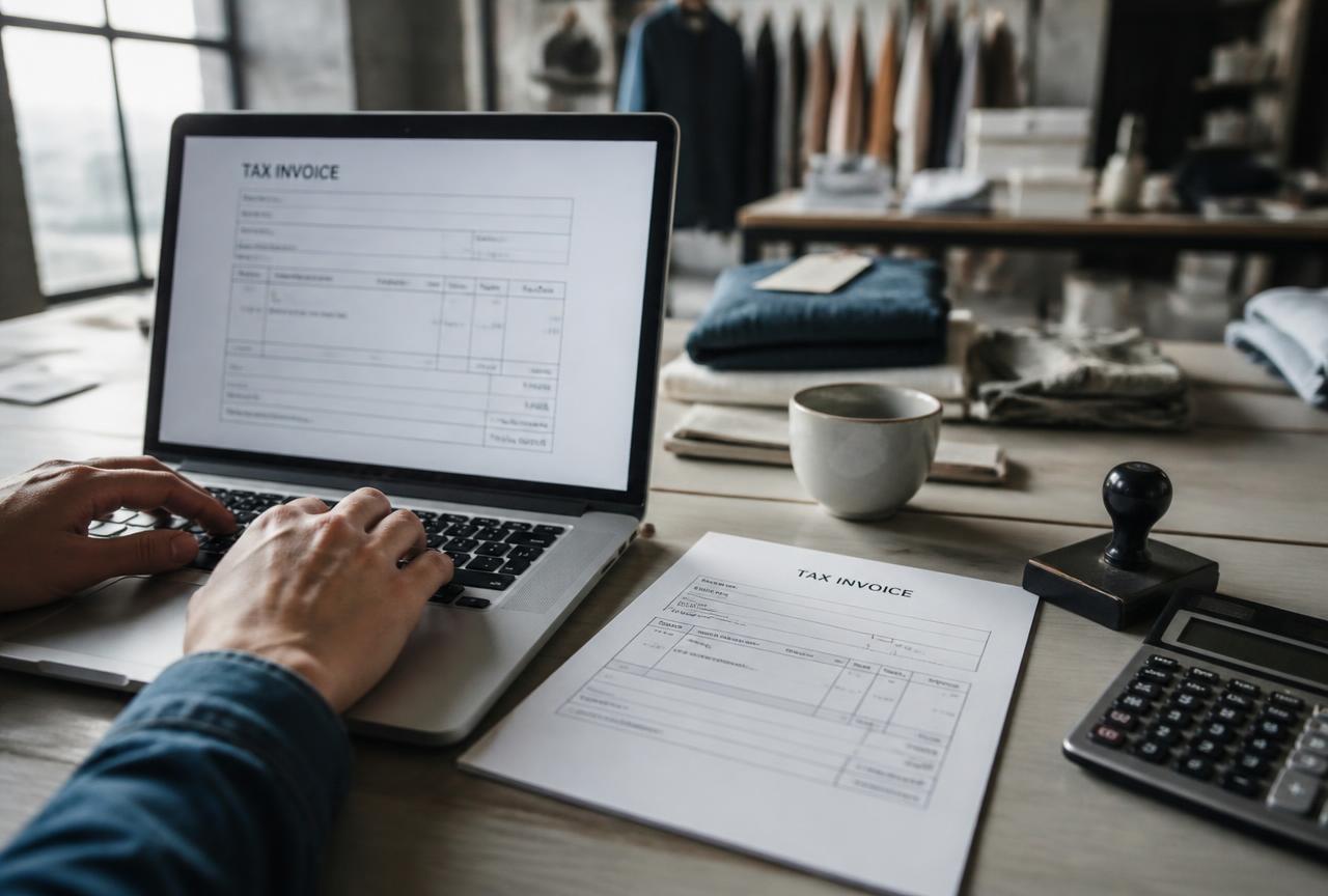 Empreendedor emitindo nota fiscal em notebook com documento impresso, carimbo e calculadora sobre a mesa