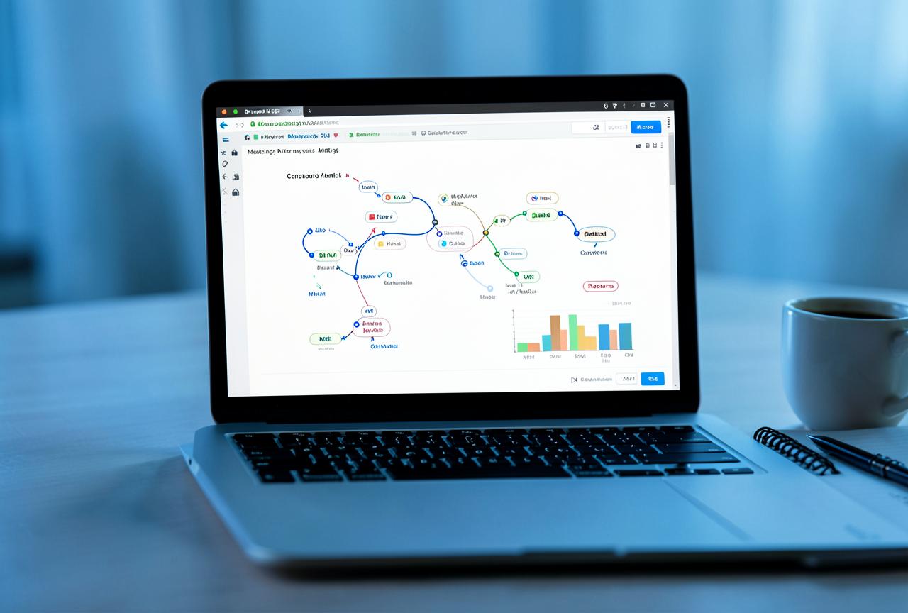 Tela de notebook exibindo um fluxo de automação de marketing com nós e gráficos de conversão