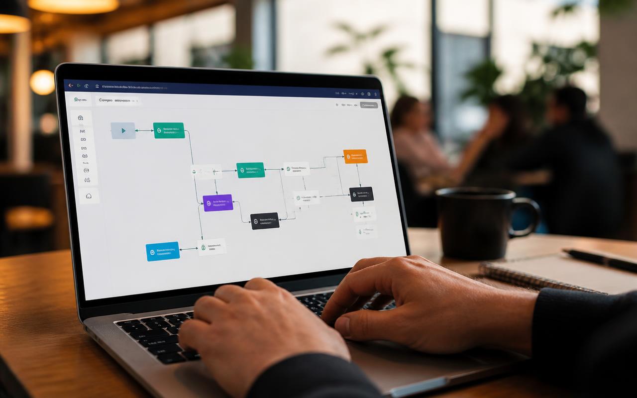 Profissional construindo um fluxo de automação visual com nós coloridos conectados em um laptop dentro de um coworking